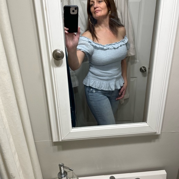 Express Light Blue Ruffled Smock Blouse - Picture 2 of 4